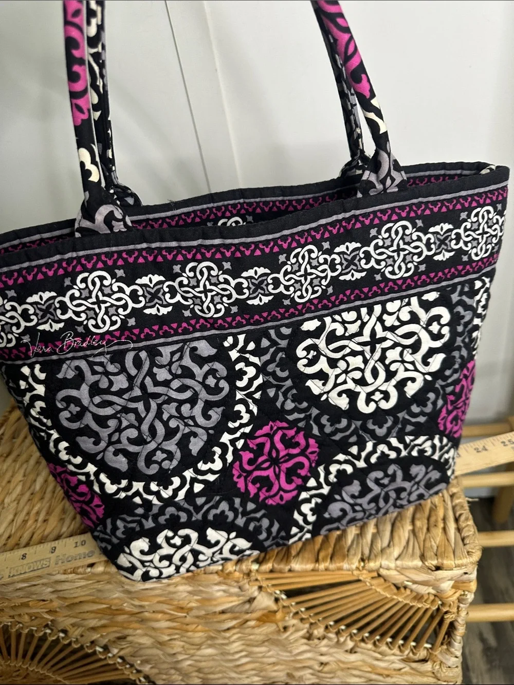 Vera Bradley Black, White & Pink Quilted Shoulder Tote